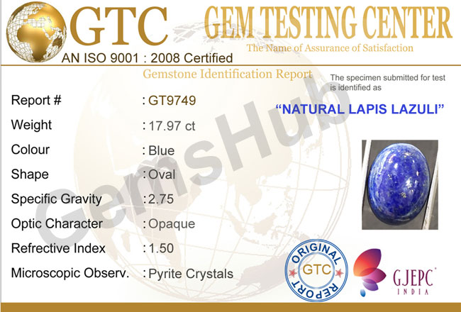 17.97 ct Natural Certified Lapis Lazuli (Lajwart)